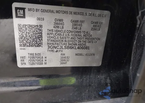 2019 Chevrolet Trax Lt z USA, uszkodzony, nr VIN 3GNCJLSB6KL406081